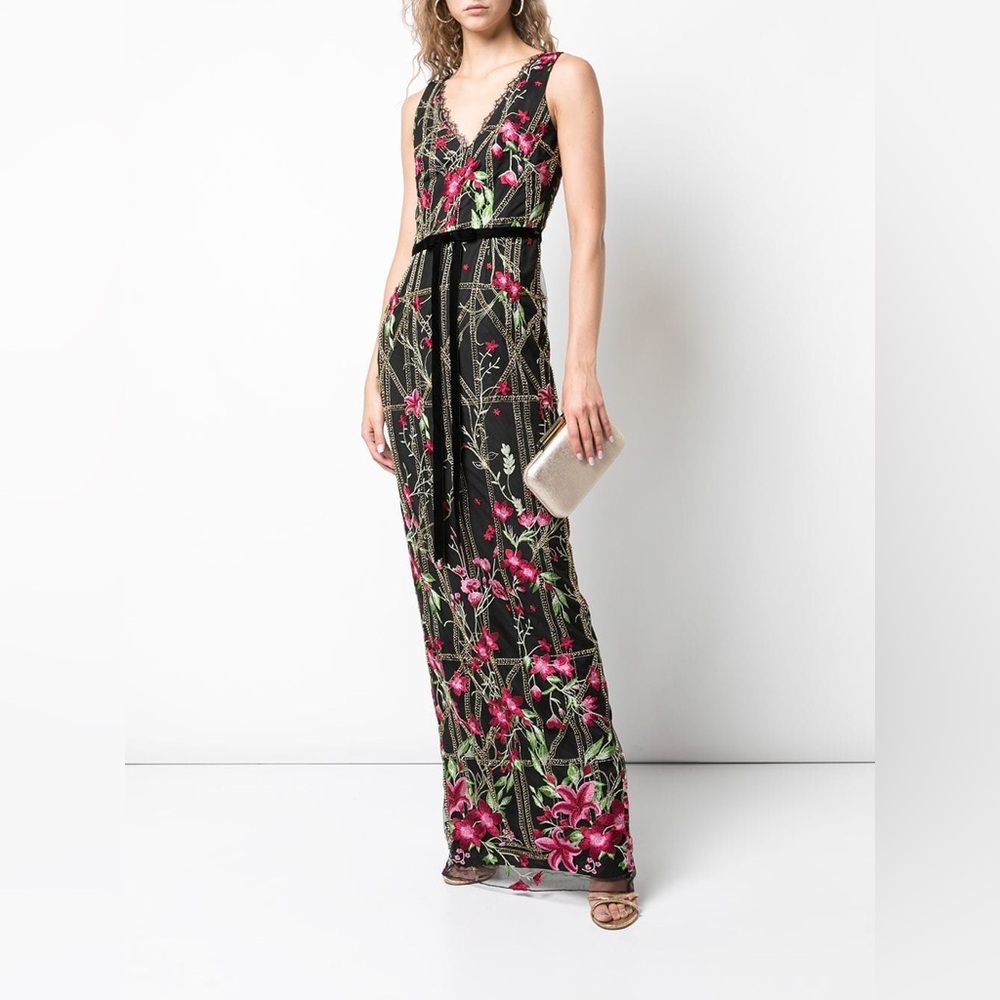 NWT MARCHESA NOTTE Black Floral Embroidered Beaded Velvet Bow Long Dress Gown 0